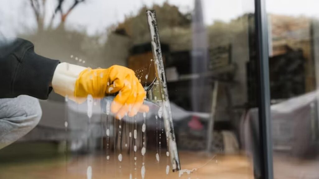 cleaning window inside a store