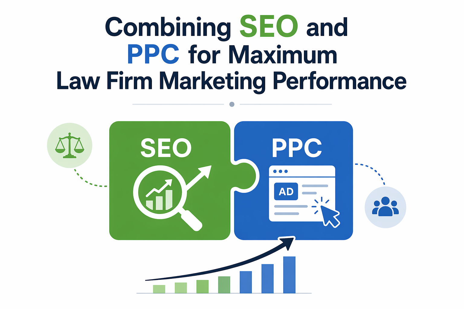 A conceptual marketing illustration featuring two interlocking puzzle pieces labeled SEO and PPC. The SEO piece is green with a magnifying glass and a rising bar graph icon, while the blue PPC piece shows a digital ad interface with a cursor clicking a button. A legal scale icon and a group of people icon flank the sides, titled "Combining SEO and PPC for Maximum Law Firm Marketing Performance."