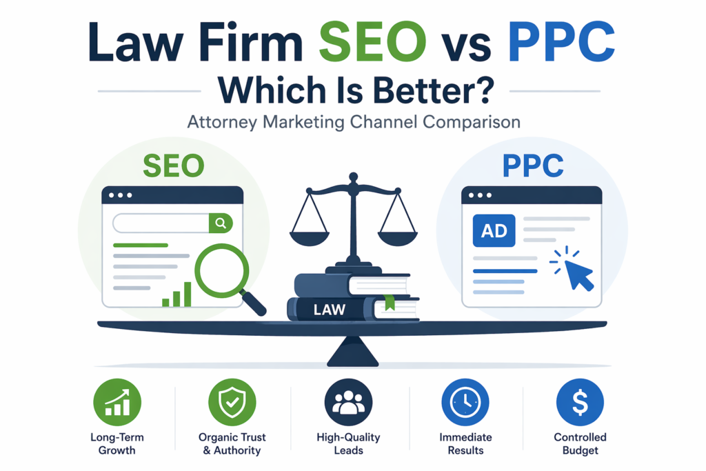 An infographic titled "Law Firm SEO vs PPC: Which Is Better?" showing a balanced scale with an SEO search bar on one side and a PPC digital ad on the other, centered by a legal scale resting on law books. Five icons at the bottom highlight key benefits: Long-Term Growth, Organic Trust & Authority, High-Quality Leads, Immediate Results, and Controlled Budget.