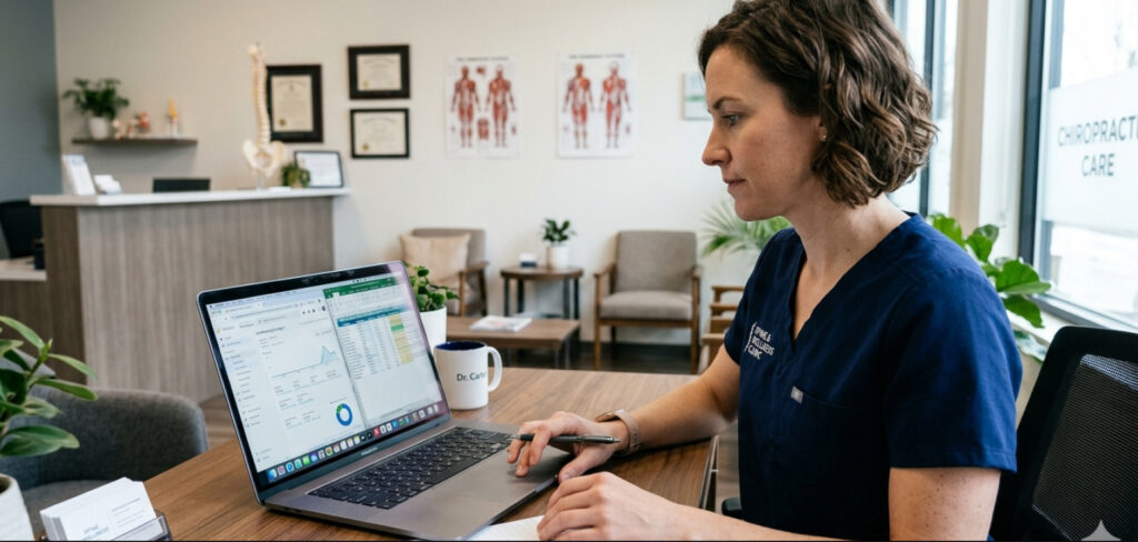 Chiropractor reviewing digital marketing strategy on laptop