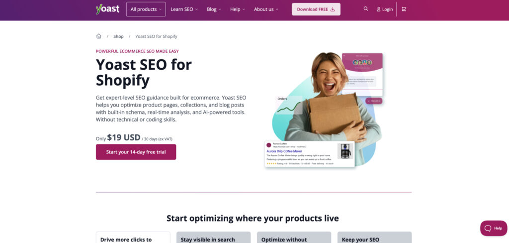 Yoast SEO for Shopify page